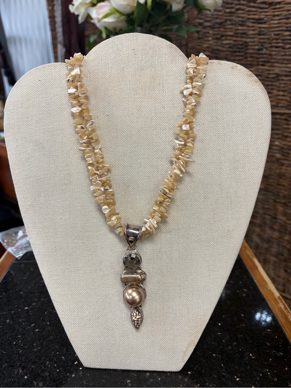 Handcrafted Shell Chip Necklace with Pendant - Beige